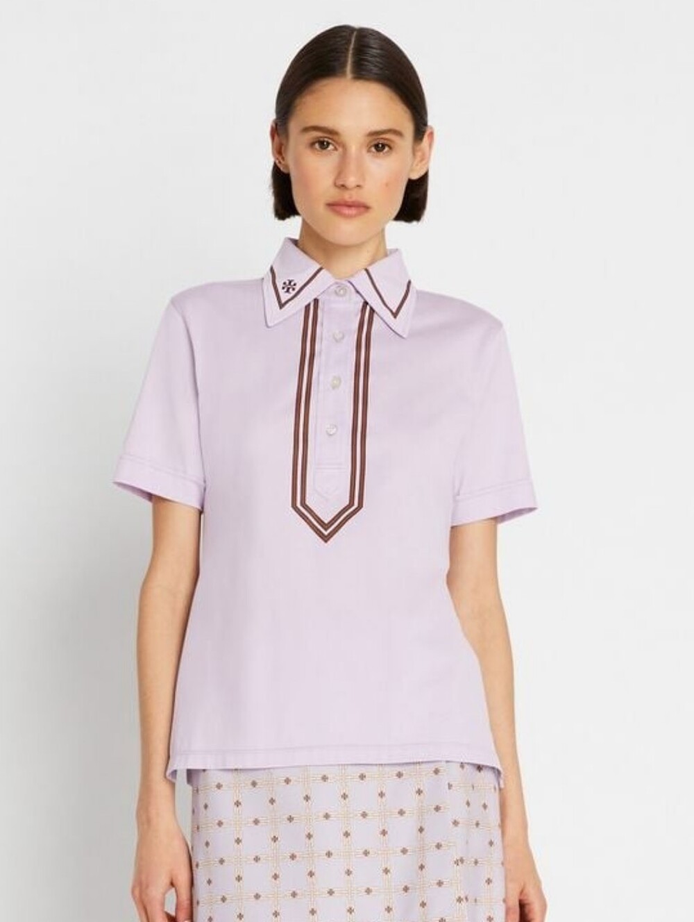 Tory Burch Lilac Polo Top with Brown Trim